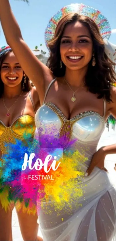 Women celebrate Holi festival with vibrant colors and joy.