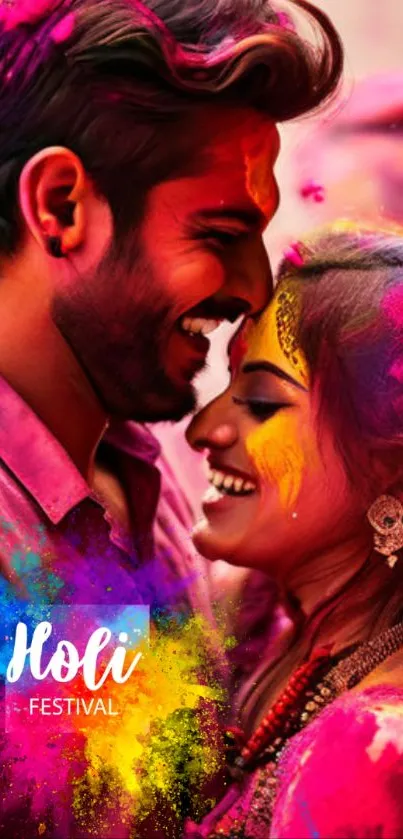 Smiling couple enjoying Holi festival celebration, covered in vibrant colors.