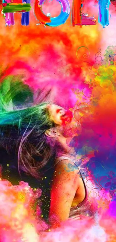 Colorful Holi festival wallpaper with vibrant pink and orange hues.