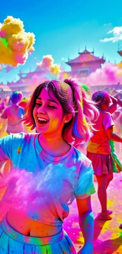 Colorful Holi festival celebration with vibrant colors and joyful people.