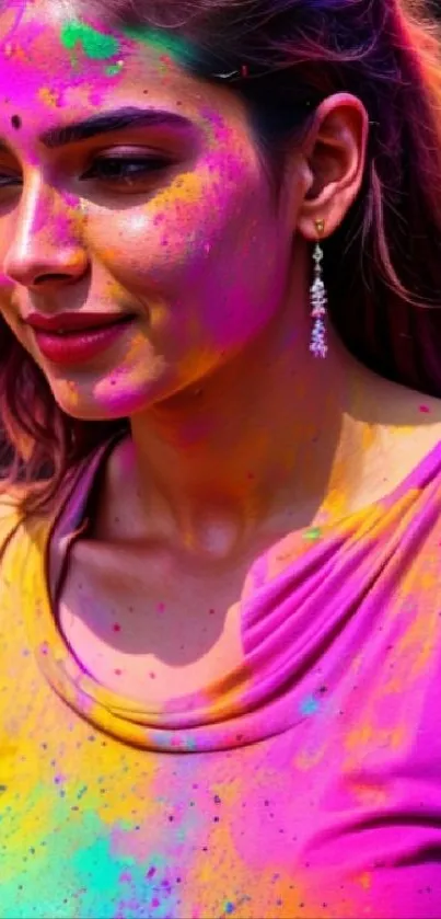 A vibrant Holi festival portrait with colorful splashes.