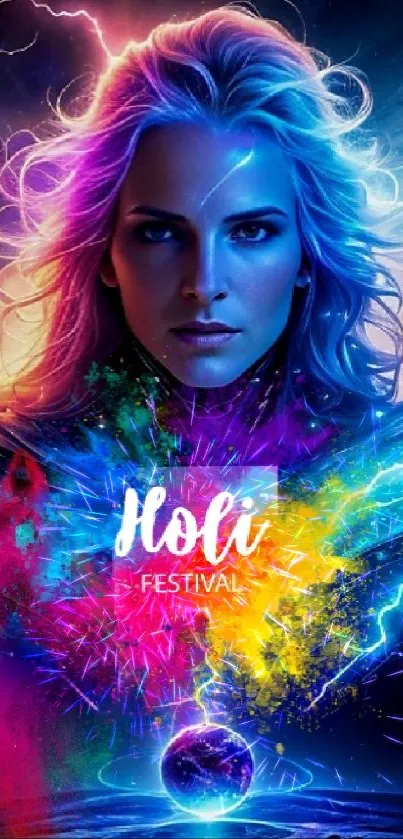 Colorful Holi festival wallpaper with cosmic elements and vibrant blue hues.