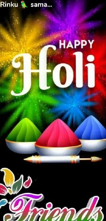 Vibrant Holi wallpaper with colorful bursts and festive elements.