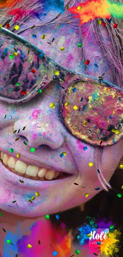 Joyful face with colorful Holi festival colors and confetti.