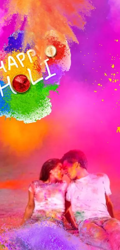 Couple enjoying Holi festival colors with pink vibrant background.