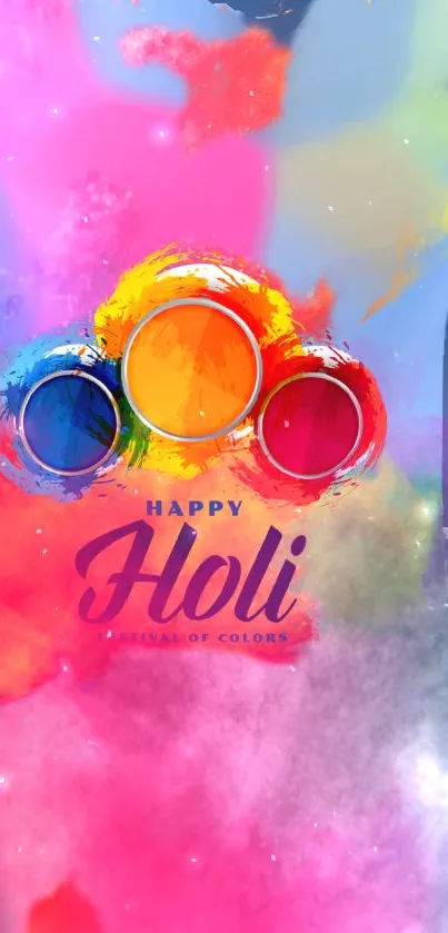 Colorful Holi festival wallpaper with vibrant splashes of pink and yellow hues.