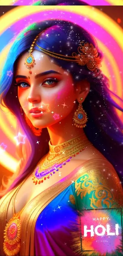 Colorful Holi festival wallpaper with traditional attire and vibrant hues.