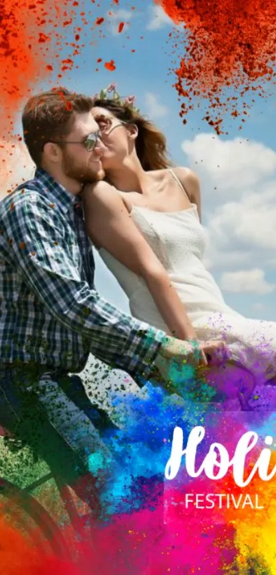 Holi festival wallpaper with colorful splashes and a joyful couple.