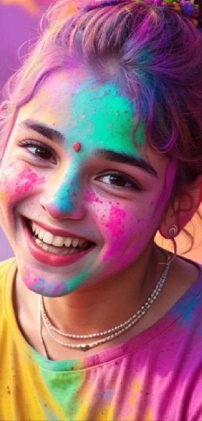 Joyful face with colorful Holi paint.