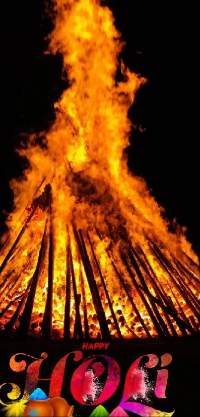 Holi festival bonfire with vibrant colors in a mobile wallpaper.