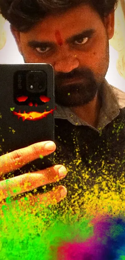 Vibrant Holi powder selfie with emoji phone design.