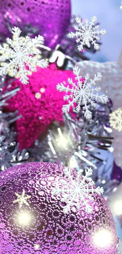 Pink holiday baubles and snowflakes wallpaper.