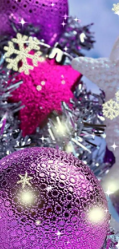 Festive wallpaper with purple holiday baubles and silver tinsel accents.