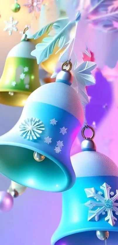 Festive blue and purple holiday phone wallpaper with bells and snowflakes.