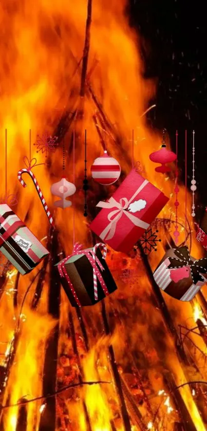 Fiery bonfire with red Christmas ornaments and gifts.