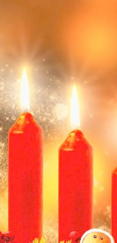 Glowing red candles with golden background, festive wallpaper.