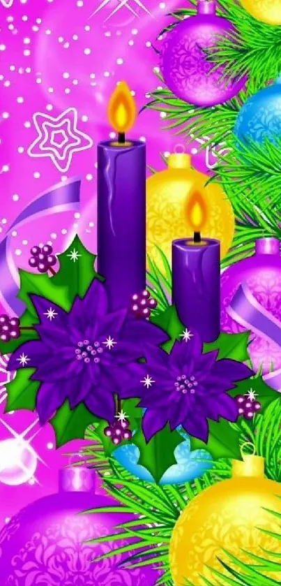 Vibrant holiday candles with colorful ornaments in purple hues.