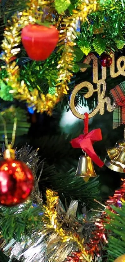 Festive Christmas tree with ornaments and merry sign.