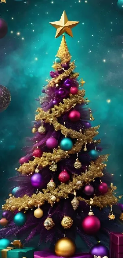 Vibrant Christmas tree with colorful ornaments and a star topper.