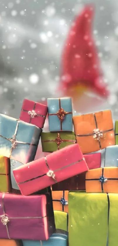 Colorful gift boxes in snowy festive background.