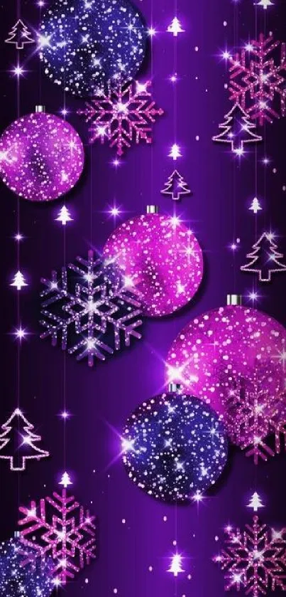 Vibrant purple and pink holiday phone wallpaper with Christmas ornaments and snowflakes.