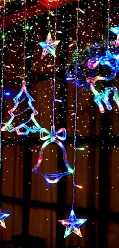 Festive neon Christmas decorations with stars and reindeer.