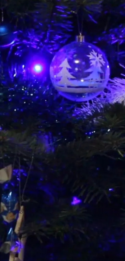 Vibrant purple Christmas tree ornament with festive lights.