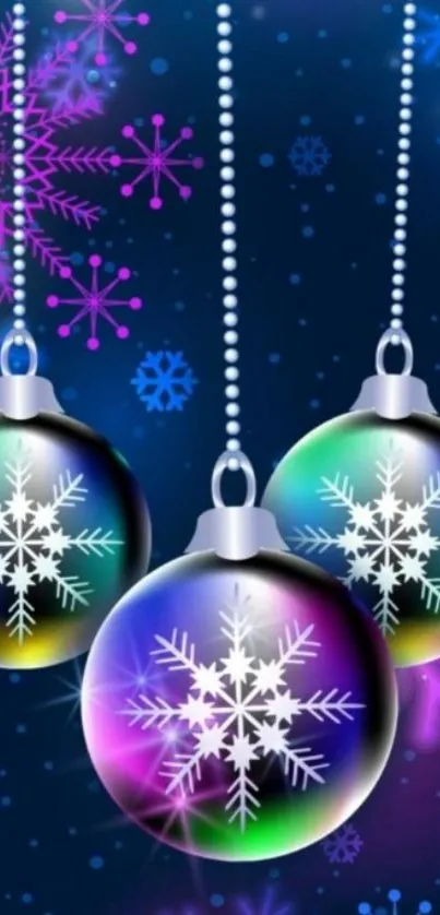 Colorful ornaments with snowflakes on a dark blue winter background.