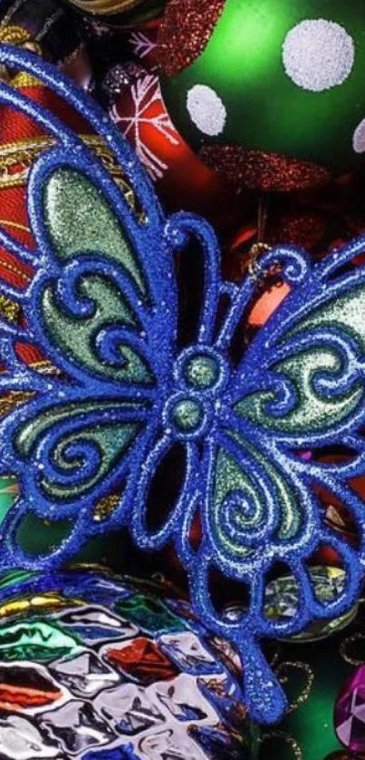 Festive butterfly with colorful ornaments and intricate patterns.