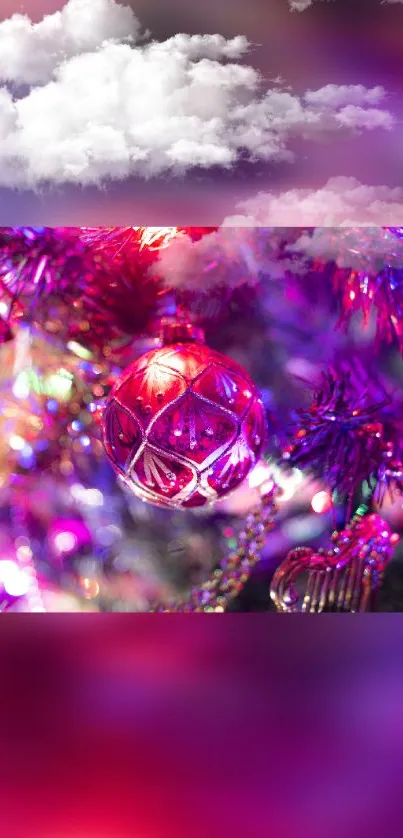 Vibrant holiday ornament with lights and clouds on a festive wallpaper.