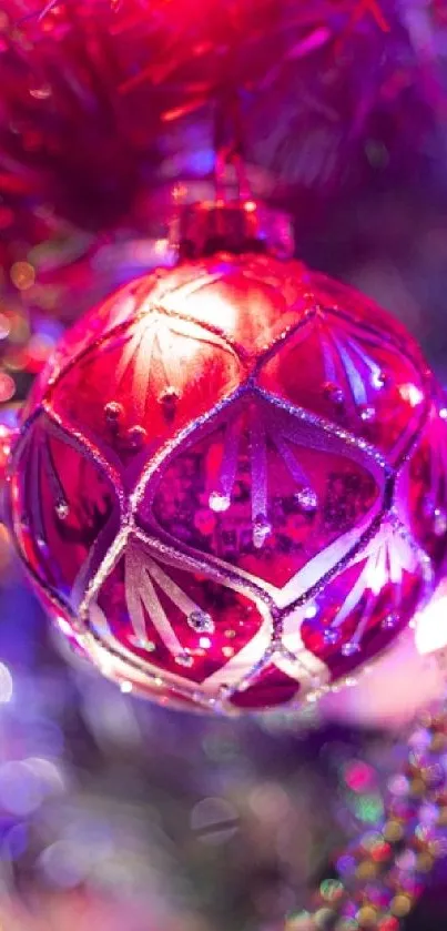 Colorful and vibrant Christmas ornament with bokeh lights.