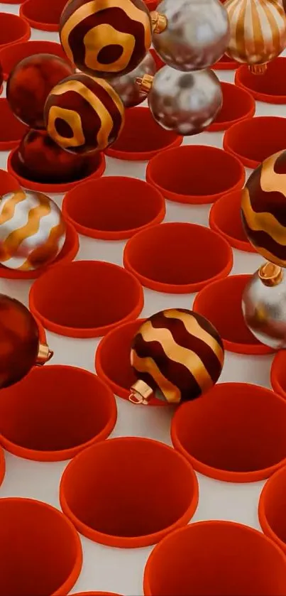 Festive red and gold ornaments in a vibrant arrangement.