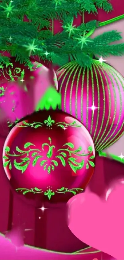 Bright pink and green festive ornament wallpaper with holiday sparkle.