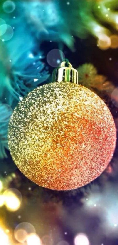 Sparkling holiday ornament with vibrant bokeh lights in the background.