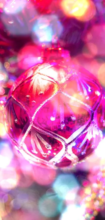 Colorful Christmas ornament on a tree with vibrant purple and red hues.