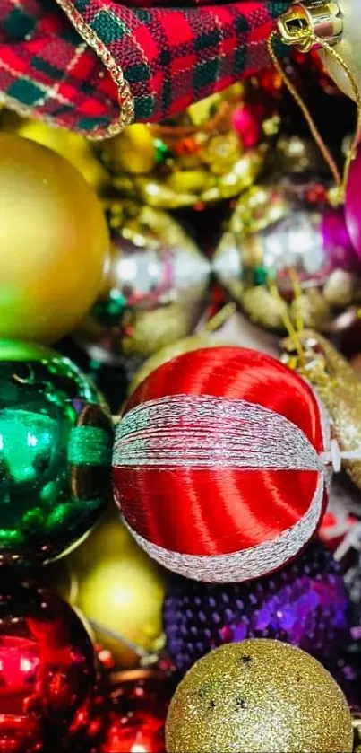 Colorful holiday ornaments in red, green, gold, and more for a festive wallpaper.