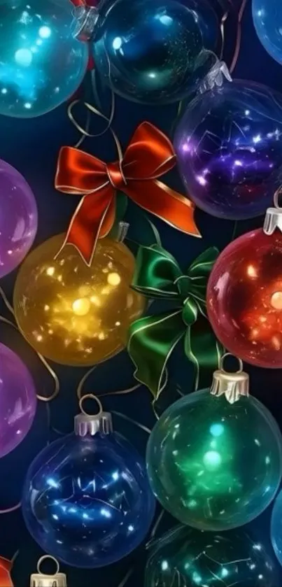 Colorful Christmas ornaments with glowing lights creating a festive scene.