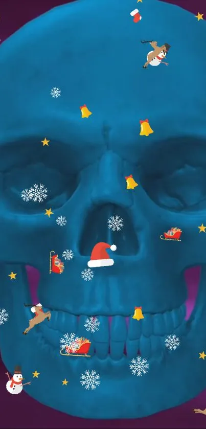 Blue skull with festive holiday icons and snowflakes on vibrant background.