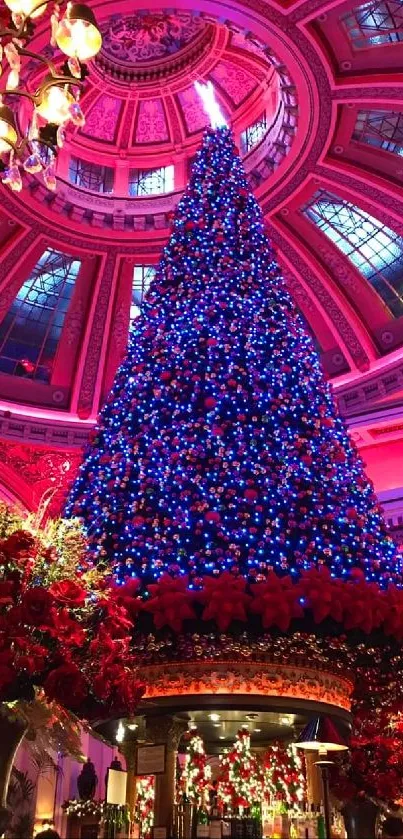 Festive Christmas tree with blue and red lights under a grand dome ceiling.