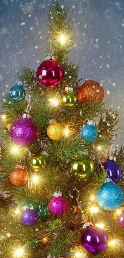 Colorful Christmas tree with bright festive ornaments and lights.