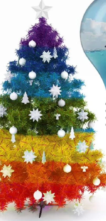 Colorful rainbow Christmas tree with light bulb design.