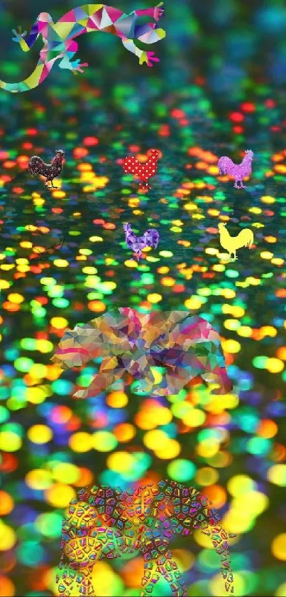 Colorful holographic wallpaper with butterflies and bokeh effect.