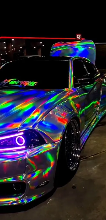 Holographic car with rainbow reflections at night.