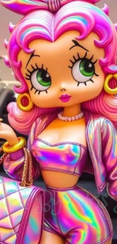 Vibrant cartoon character in pink holographic outfit with striking green eyes.