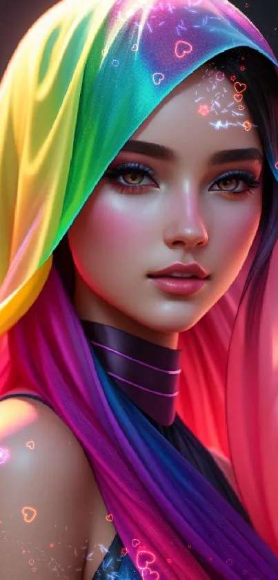 Holographic art with vibrant colors and hooded figure for mobile wallpaper.