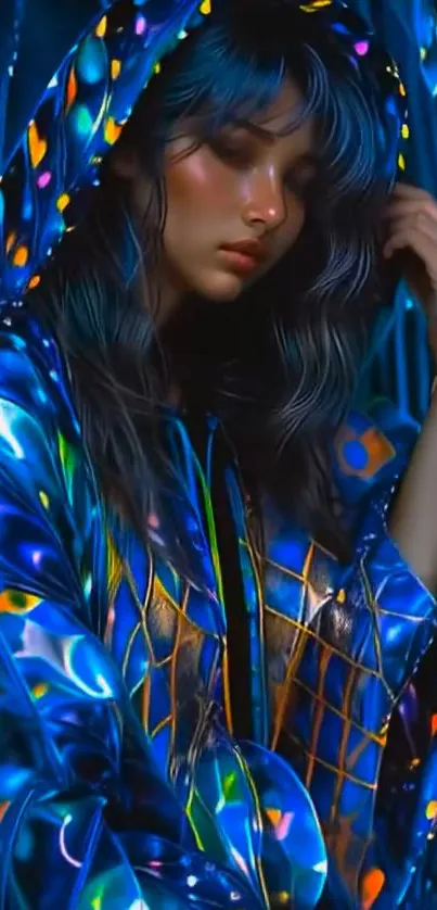 Colorful holographic hoodie digital art with vibrant blue hues.