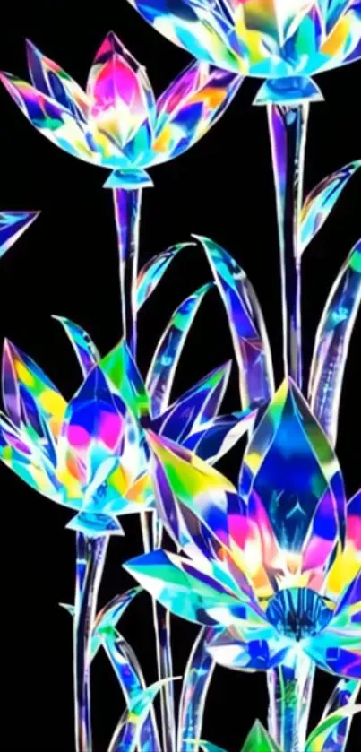 Holographic lotus flowers on black background, vibrant and colorful design.