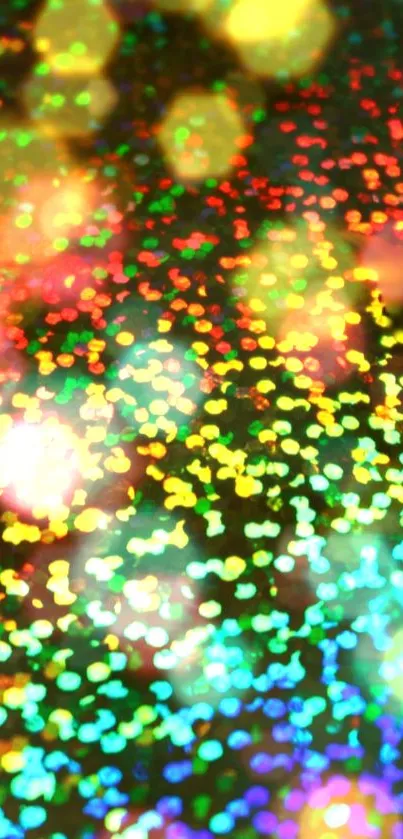 Vibrant holographic wallpaper with multicolor sparkle and bokeh effect.