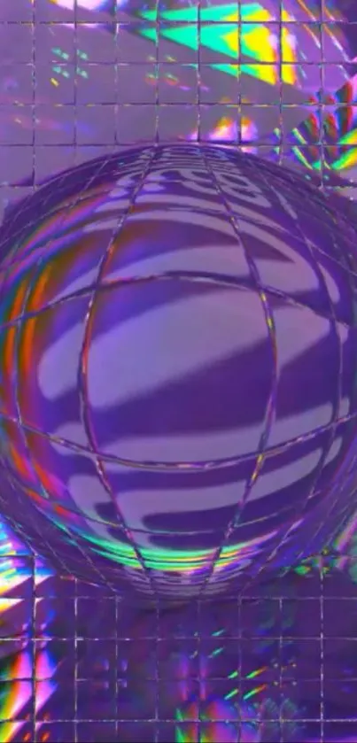 Vibrant holographic sphere on a purple grid wallpaper.