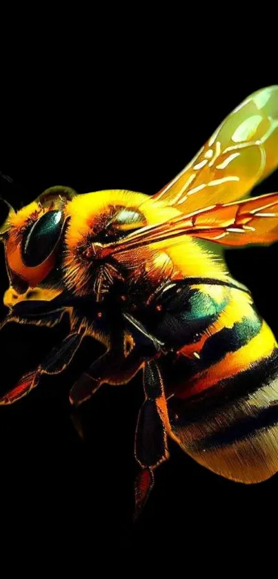 Close-up of a vibrant honeybee on a black background, perfect for phone wallpaper.